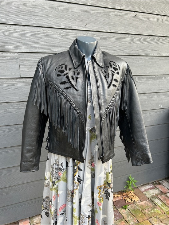 Leather King Jackets & Blazers - Black Leather Fringe Jacket with Cutout Floral Detail
